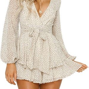 Women's Casual Long Bubble Sleeves Polka Dot Romper Deep V-Neck Jumpsuit